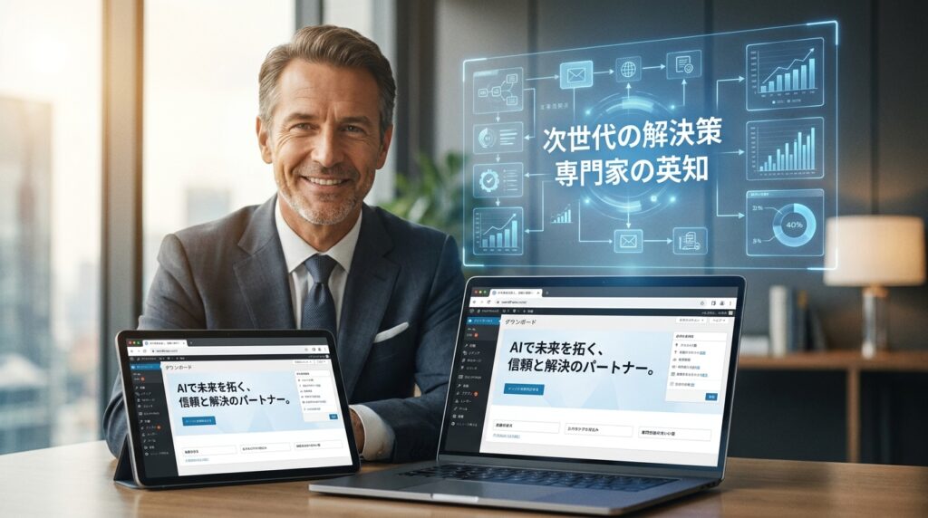 Smiling businessman in a suit uses a tablet and laptop; a holographic AI data dashboard with Japanese text glows in the background.