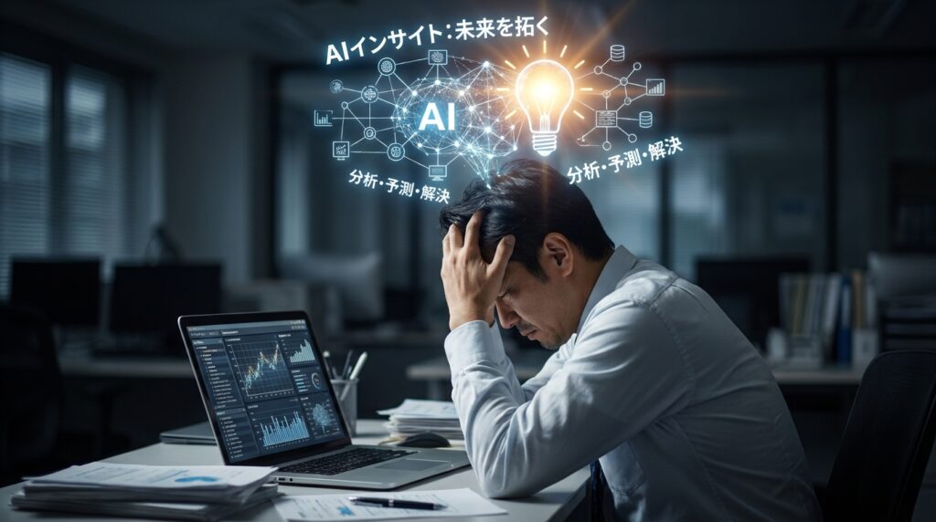 Man at a cluttered office desk, head in hands, looking stressed while a laptop shows charts and data; above him glows an AI-themed diagram with a bright lightbulb, representing AI ideas and analysis.