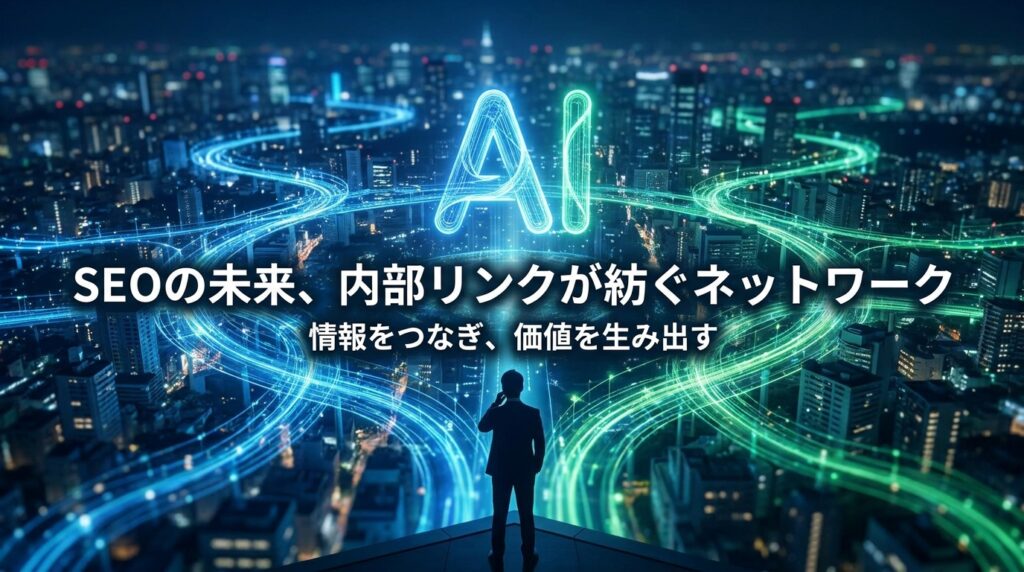 夜の都市を見下ろすビジネスマンと青緑の光の道が交差する、AIとSEOの未来を示すビジュアル