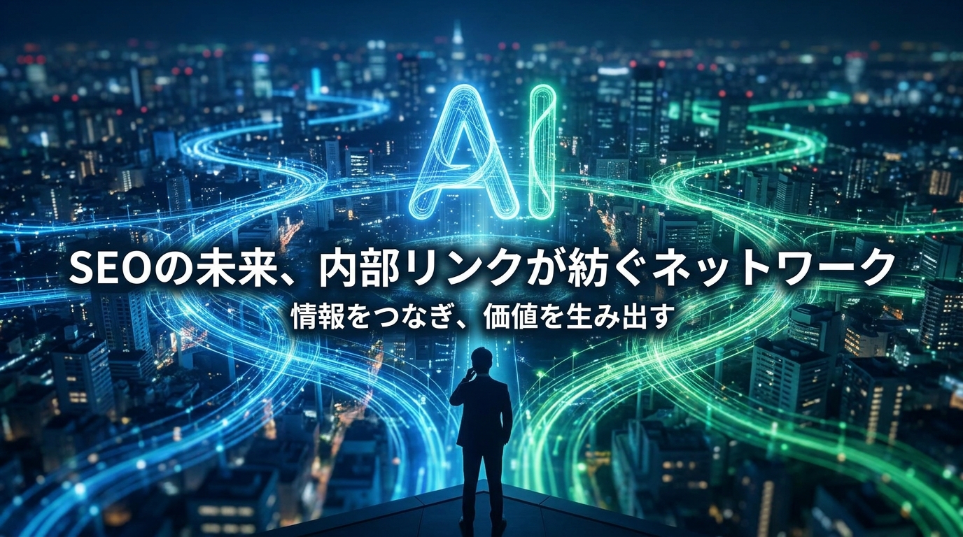 夜の都市を見下ろすビジネスマンと青緑の光の道が交差する、AIとSEOの未来を示すビジュアル