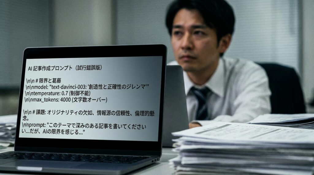 Man in an office sits at a desk watching a laptop screen that shows Japanese AI prompt text.