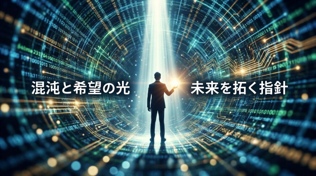 Silhouetted person in a glowing digital tunnel reaches for a bright orb; Japanese text reads '混沌と希望の光' and '未来を拓く指針'.