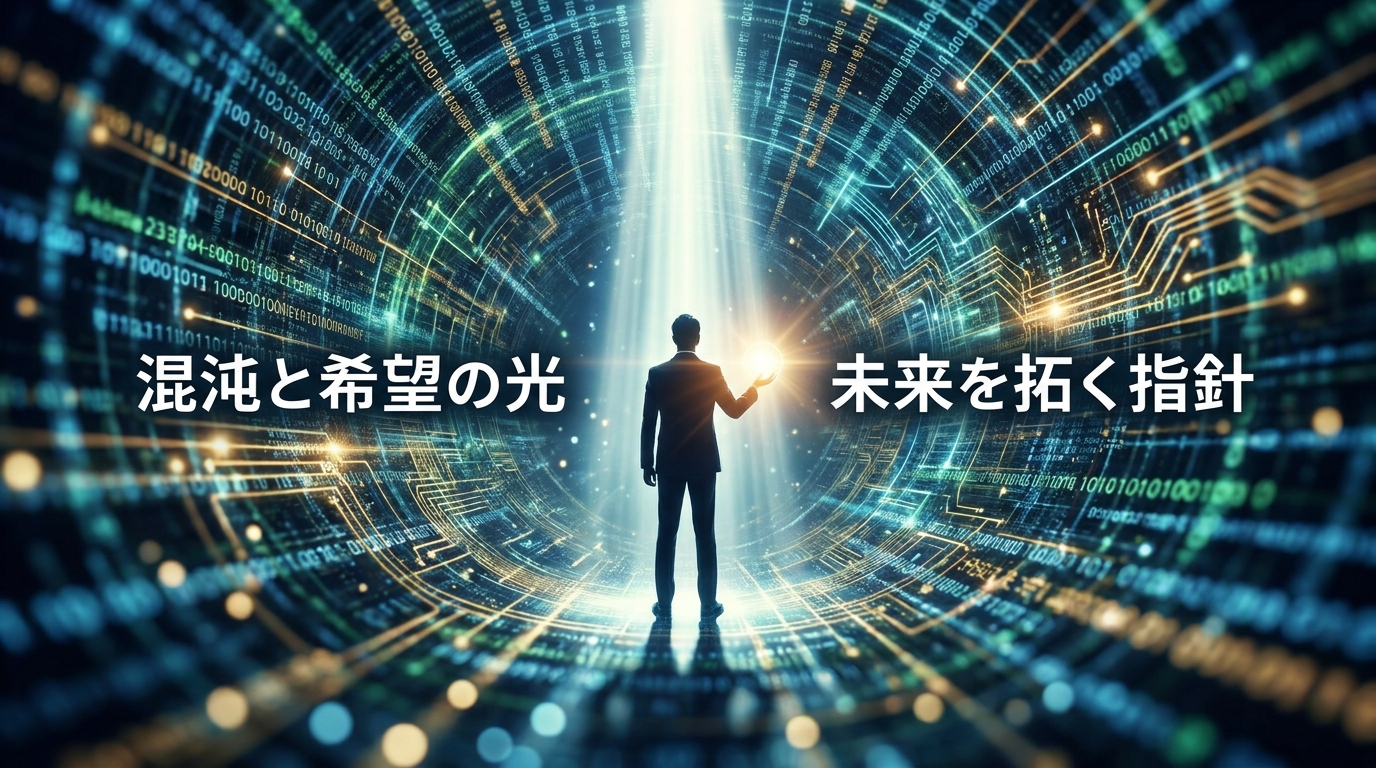 Silhouetted person in a glowing digital tunnel reaches for a bright orb; Japanese text reads '混沌と希望の光' and '未来を拓く指針'.
