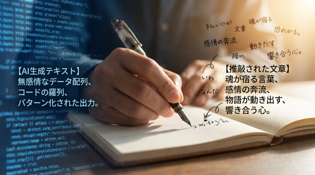 ノートにペンで書く手と背景のコード。AI生成テキストの創作過程を示すビジュアル。