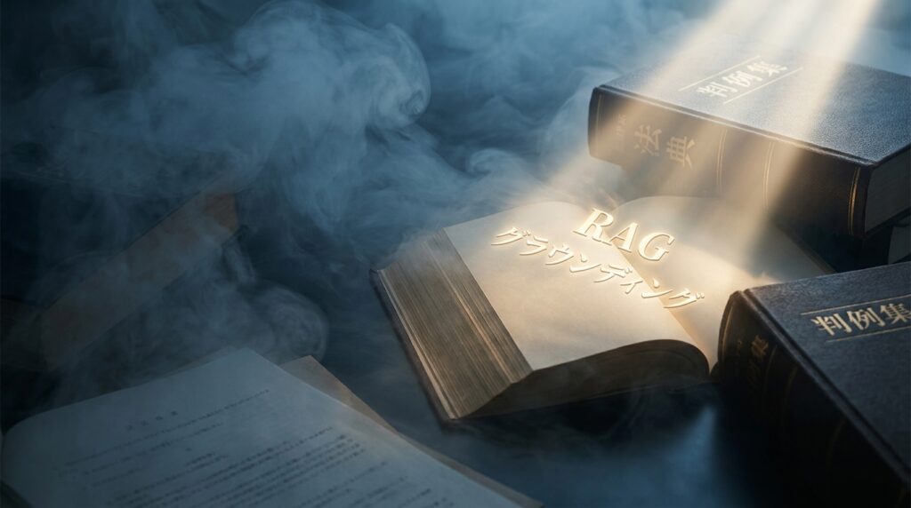 Open book labeled 'RAG' with Japanese text, illuminated by a beam of light among other legal volumes and smoky backdrop, conveying research in law or legal tech.