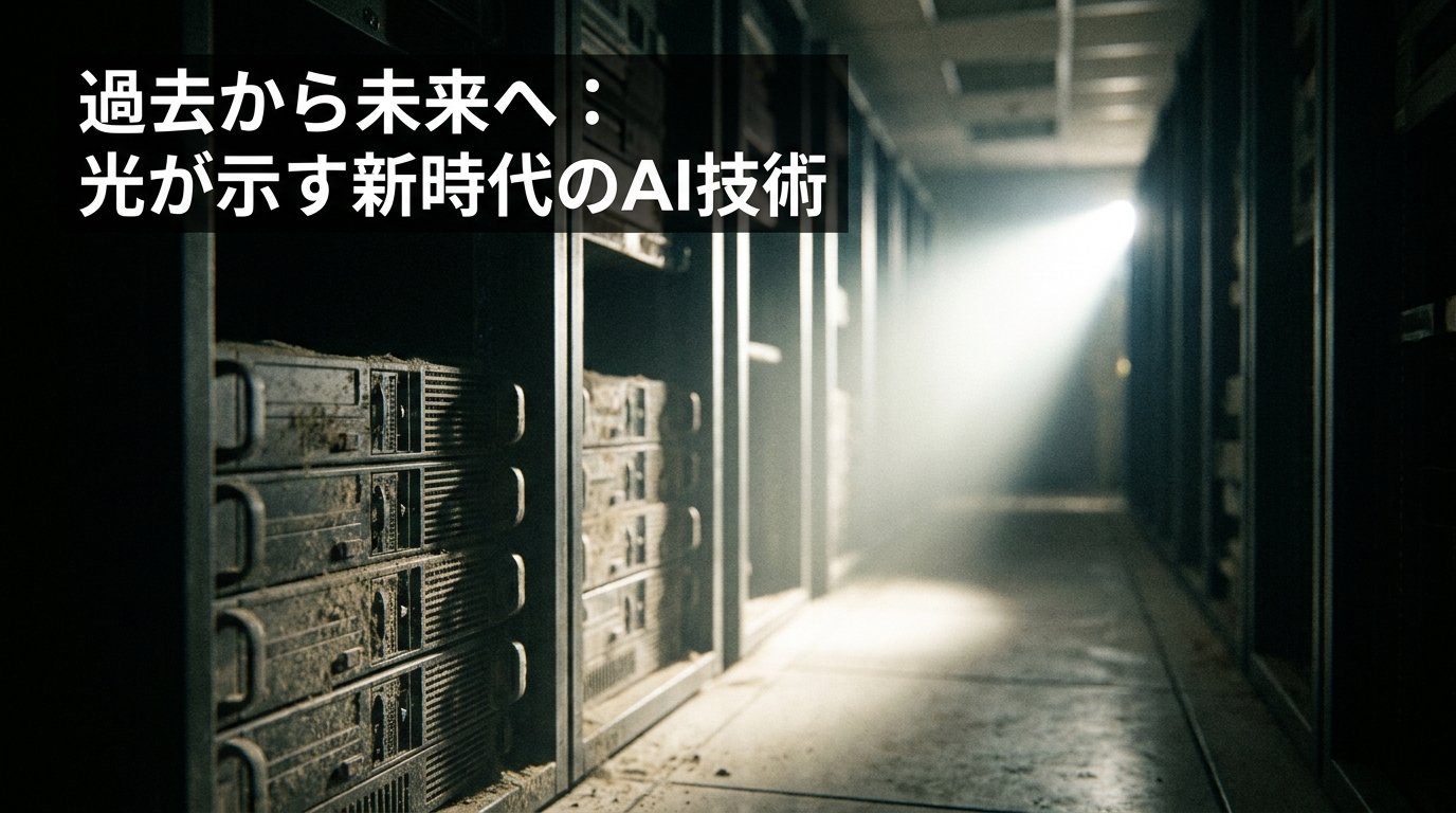 Data center aisle with rows of server racks and a bright beam of light at the far end, overlaid with a Japanese headline about AI technology: 過去から未来へ:光が示す新時代のAI技術