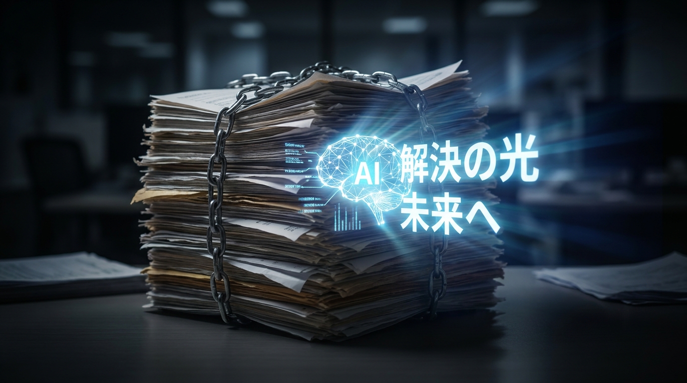 Stack of printed documents chained shut, illuminated by a glowing AI brain hologram and the Japanese phrase about AI lighting the way to the future.