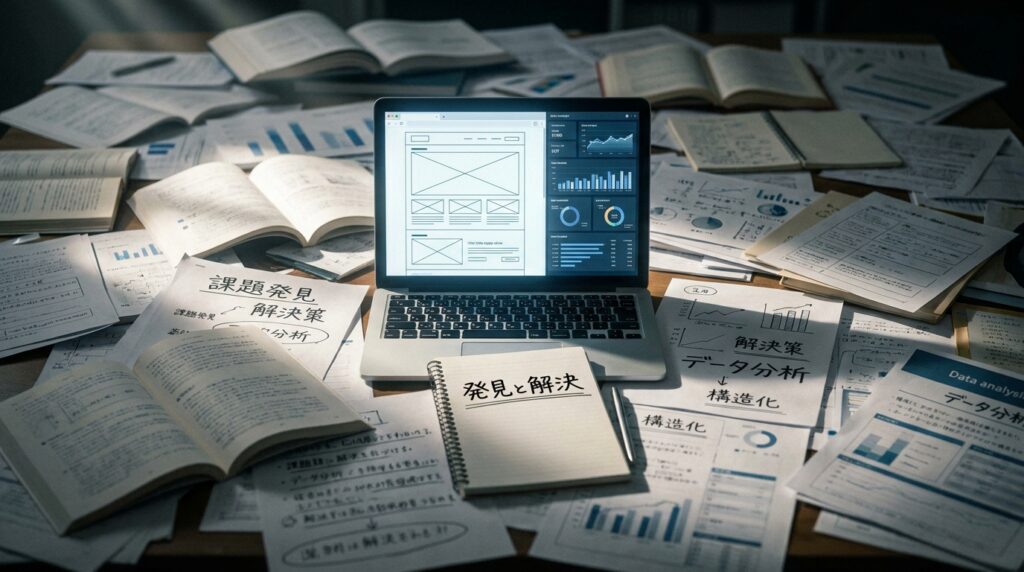 Laptop at the center of a cluttered desk, surrounded by charts, notebooks, and printed reports; screen shows a wireframe layout and dashboards.