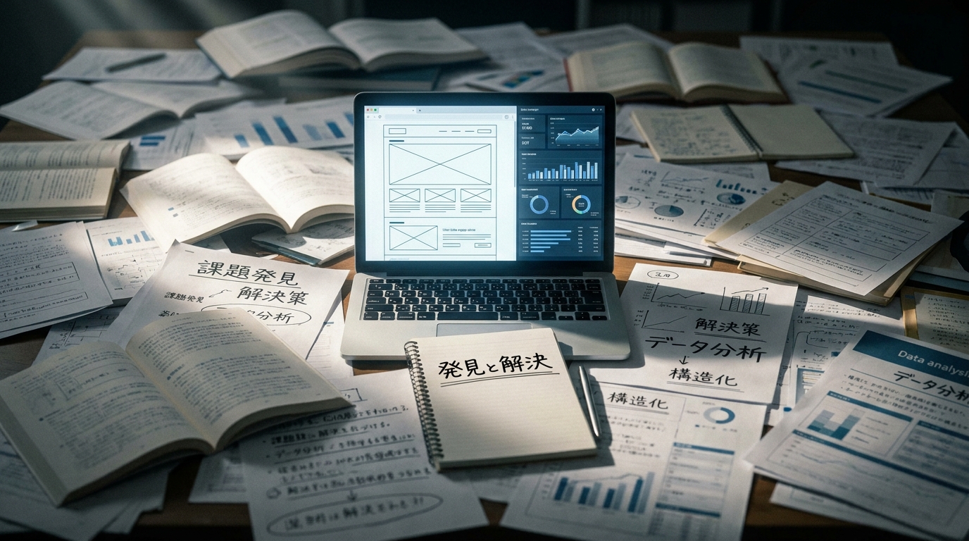 Laptop at the center of a cluttered desk, surrounded by charts, notebooks, and printed reports; screen shows a wireframe layout and dashboards.