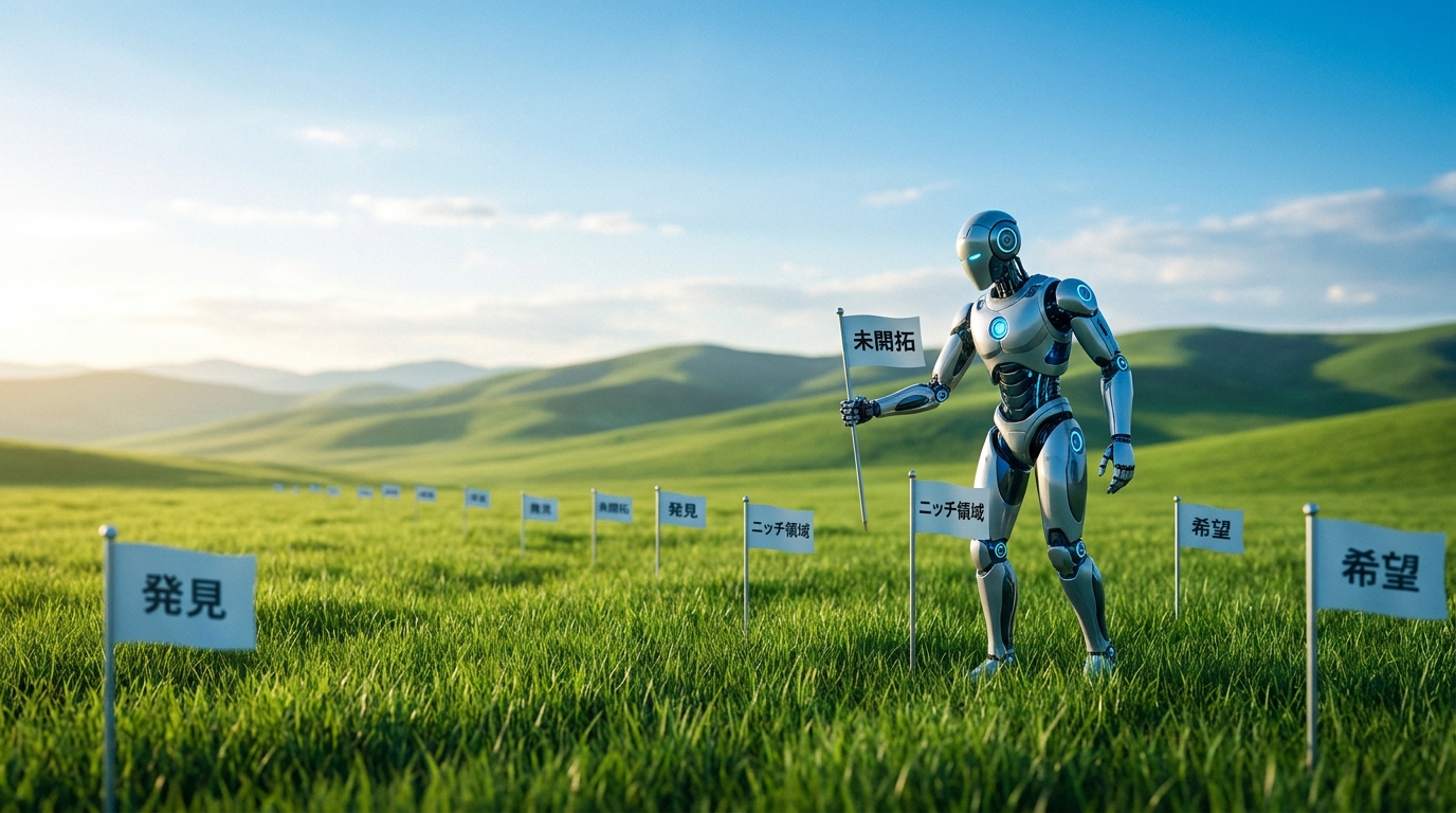 Silver humanoid robot stands in a sunlit grassy plain, holding a flag that reads 未開拓 (unexplored) amid a line of smaller flags with words like 発見 and 希望.
