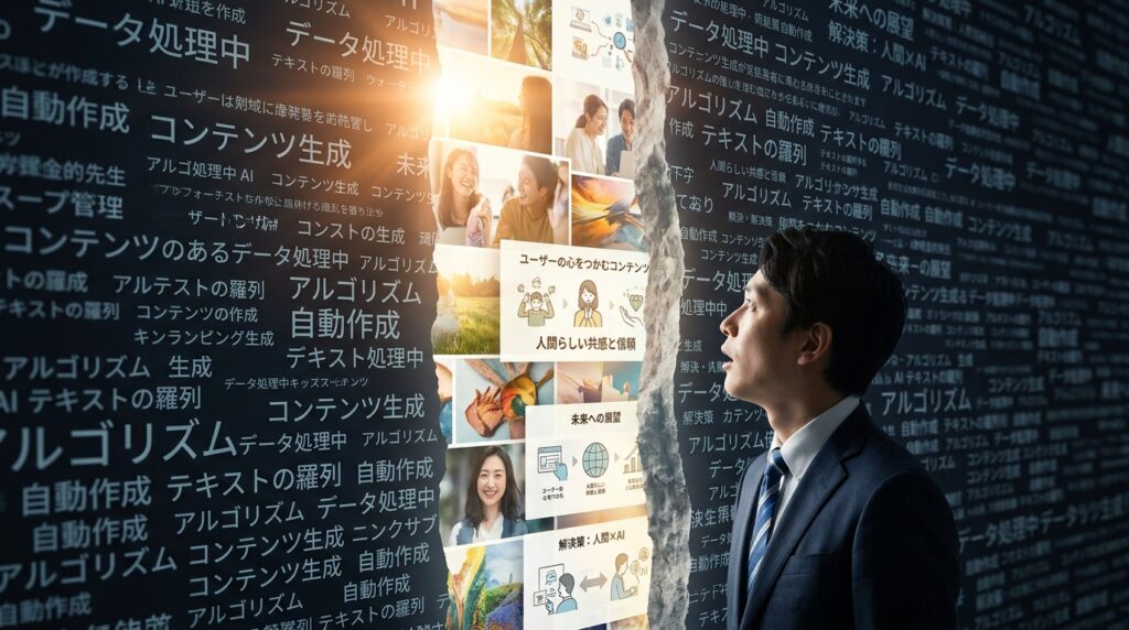 Businessman in a suit reads a wall filled with Japanese text and a vertical collage about data processing and AI.