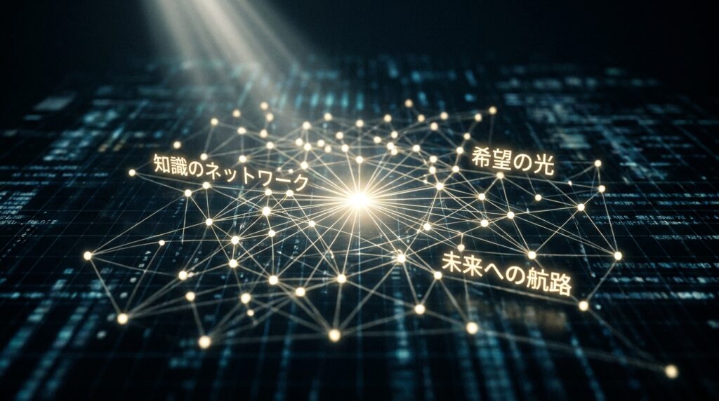 Network of glowing nodes and lines with Japanese labels: Knowledge network, Light of hope, Path to the future.