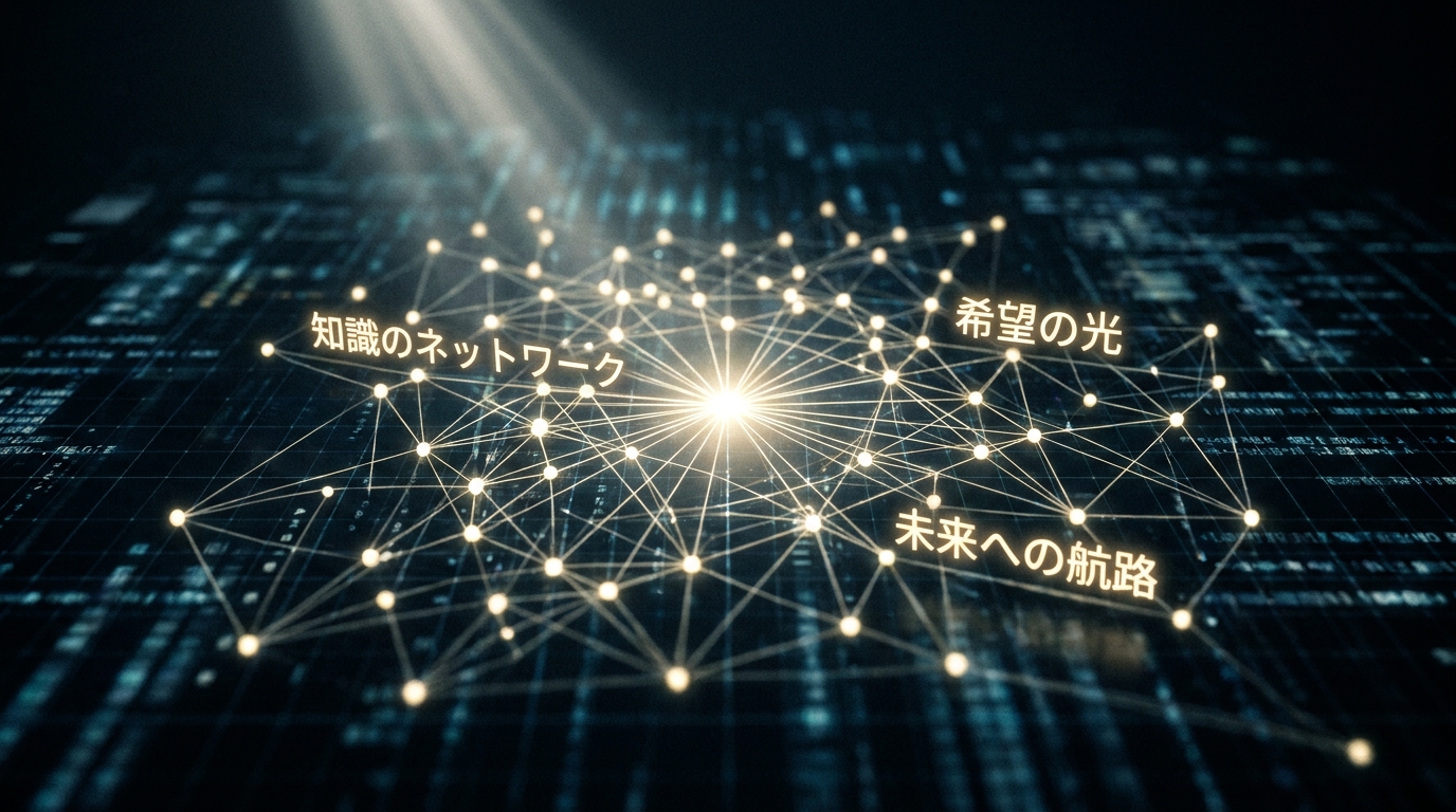 Network of glowing nodes and lines with Japanese labels: Knowledge network, Light of hope, Path to the future.
