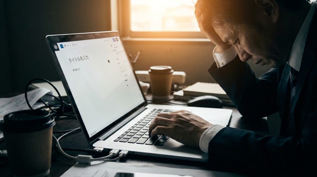 Businessperson in a suit sits at a cluttered desk, head in hand, typing on a laptop with a coffee cup nearby
