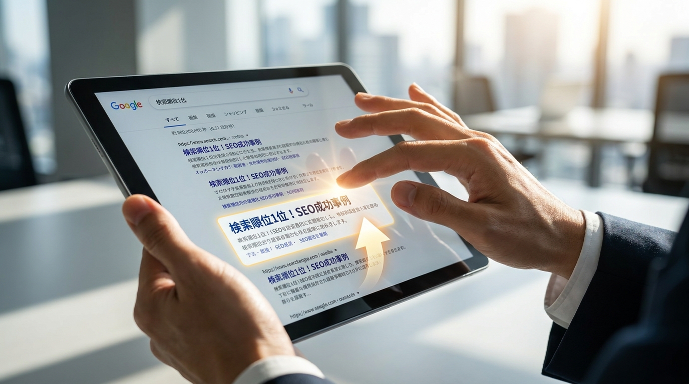 Close-up of hands on a tablet showing a search results page with a highlighted listing and a glowing arrow pointing to it.