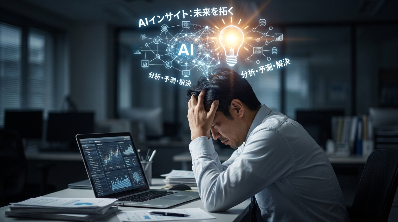 Man at a cluttered office desk, head in hands, looking stressed while a laptop shows charts and data; above him glows an AI-themed diagram with a bright lightbulb, representing AI ideas and analysis.