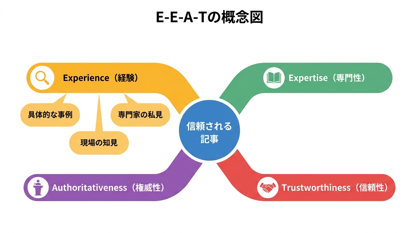 Googleが重視するE-E-A-T(経験、専門性、権威性、信頼性)の4要素が、信頼される記事というゴールに繋がることを示した概念図。