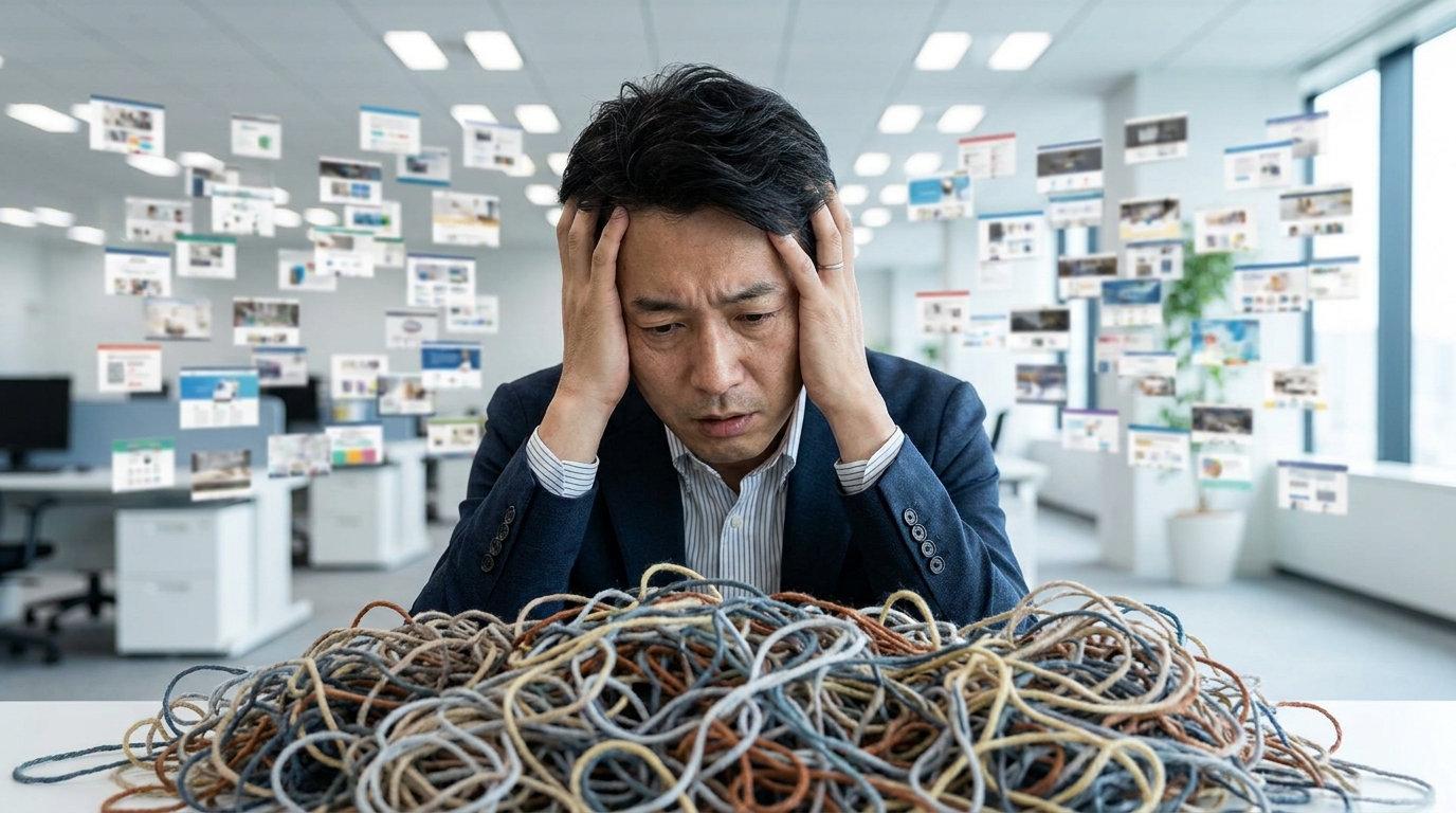 手作業での内部リンク管理の限界に悩み、複雑なサイト構造を前に頭を抱えるウェブ担当者。