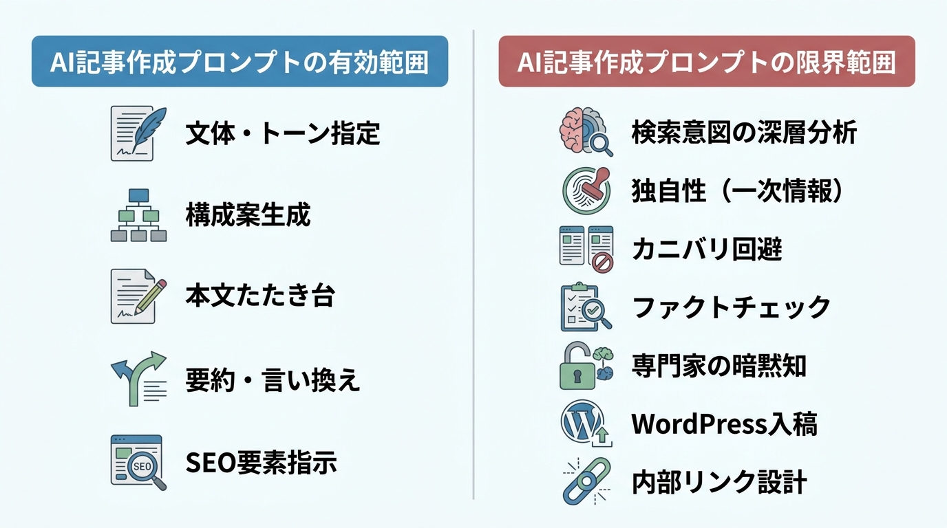 AIプロンプトの有効範囲(文体指定、構成案生成など)と限界範囲(検索意図の深層分析、独自性付与、WordPress入稿など)を比較した図解。