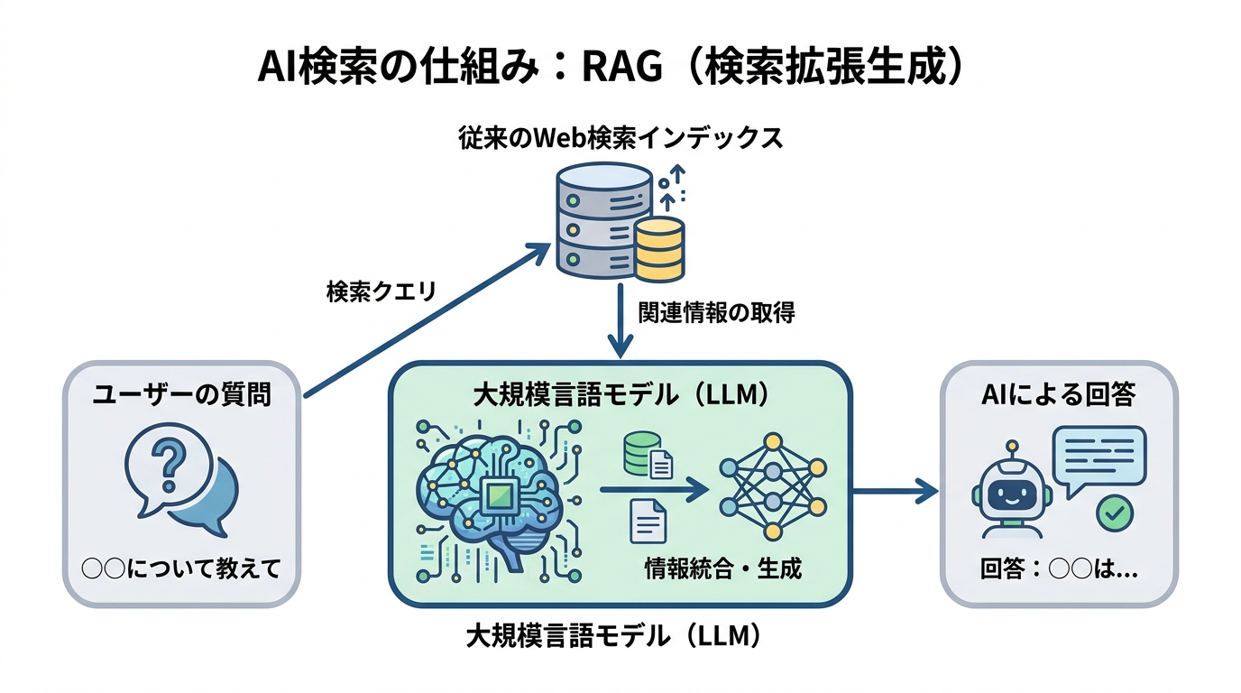 AI検索の仕組みであるRAG(検索拡張生成)の図解。ユーザーの質問に対し、LLMが従来のWeb検索インデックスを参照して回答を生成する流れを示している。