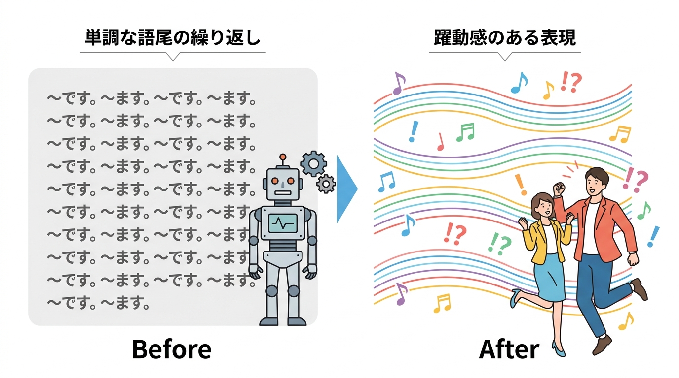 AI文章の推敲ビフォーアフター。ロボットが書いた単調な文章が、人間の推敲によって表現豊かな文章に変わる様子を示した図解。