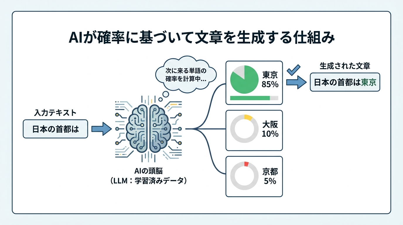 AIが確率で文章を作る仕組みの図解。入力「日本の首都は」に対し、AIが次に来る単語の確率を計算し、最も高い「東京」を選択するプロセスを示している。