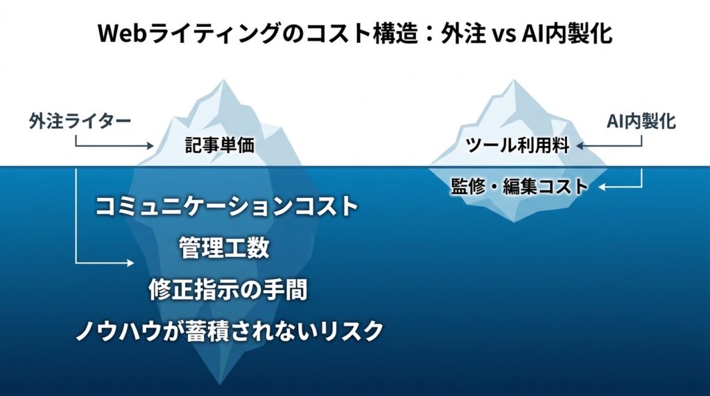 Webライティングの外注とAI内製化のコスト構造を氷山で比較した図解。外注は目に見える記事単価に対し、水面下に見えないコストが大きく存在することを示している。