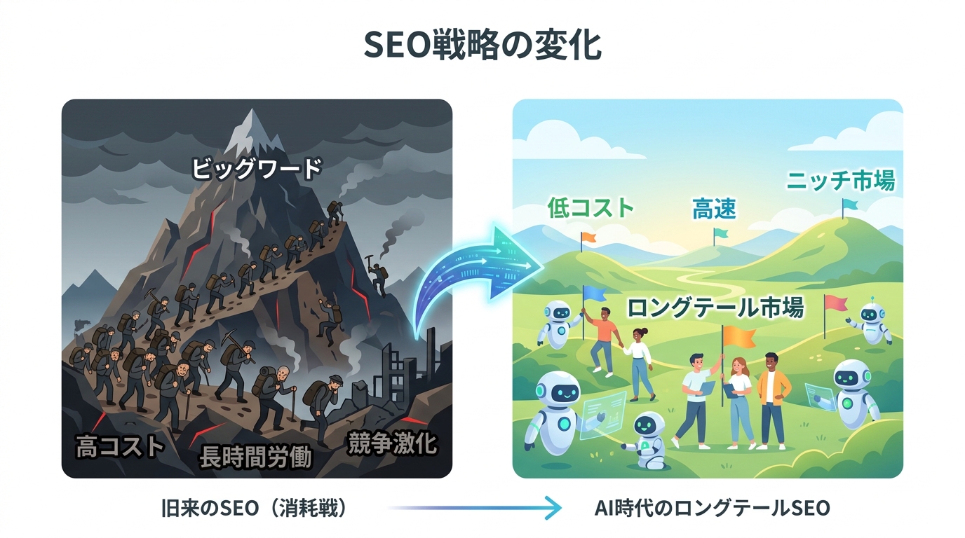 旧来のビッグワードでの消耗戦と、AIを活用したロングテールSEOでの効率的な市場開拓を対比したインフォグラフィック。