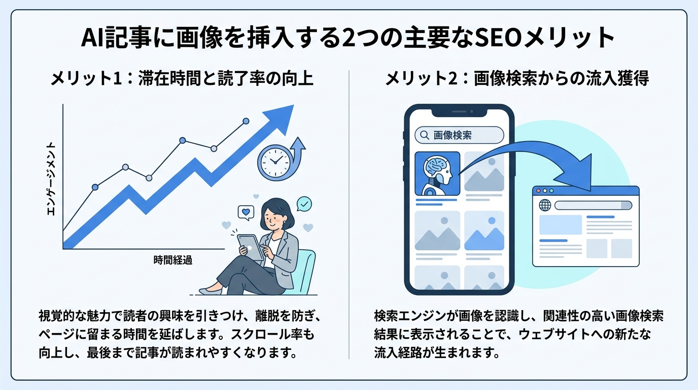 AI記事に画像を挿入するSEO上の2大メリットを示した図解。左に「滞在時間と読了率の向上」、右に「画像検索からの流入獲得」というメリットが示されている。