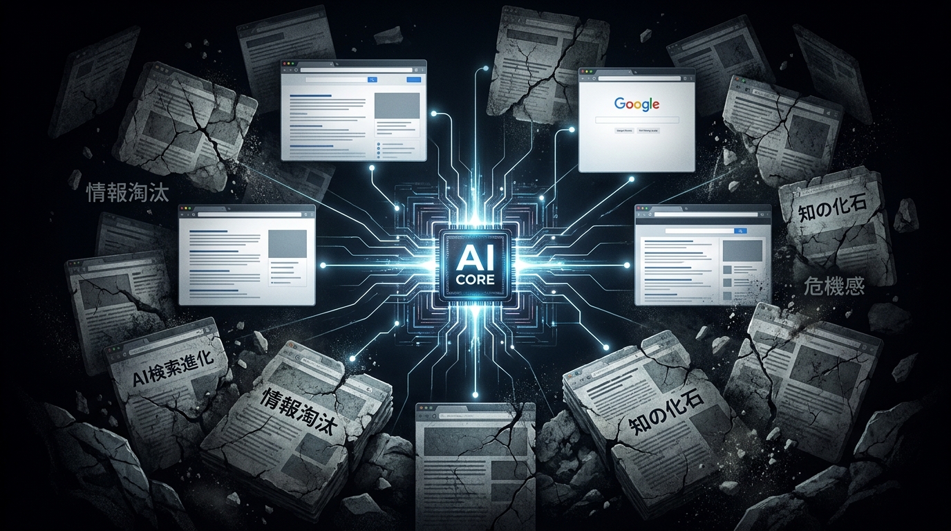 AI検索時代に引用されず情報が淘汰され「化石化」するウェブサイトのイメージイラスト。