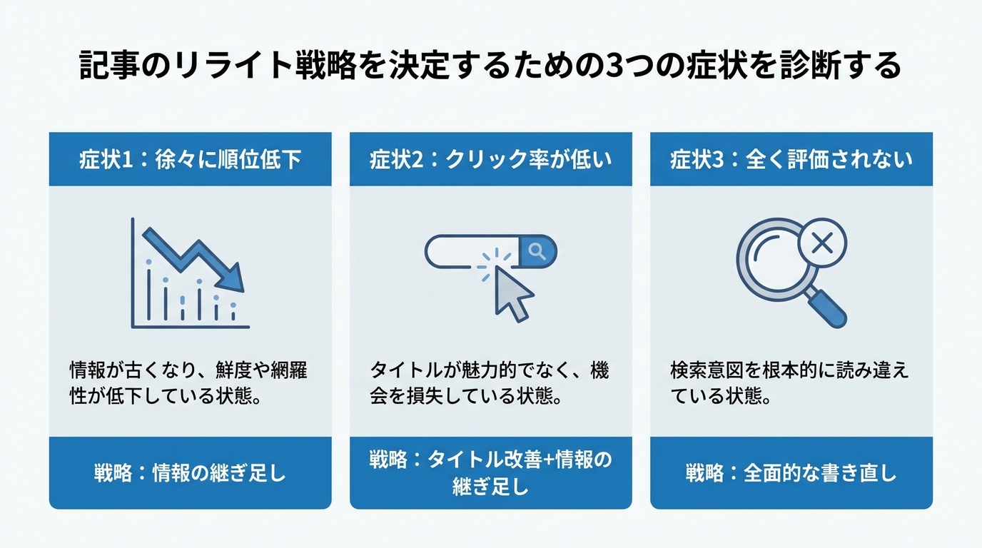 AIリライト戦略を決定するための3つの症状を診断する図解。順位低下、クリック率低迷、検索意図のズレという3つの症状と、それぞれに対応する「情報の継ぎ足し」または「全面書き直し」というリライト戦略を示している。