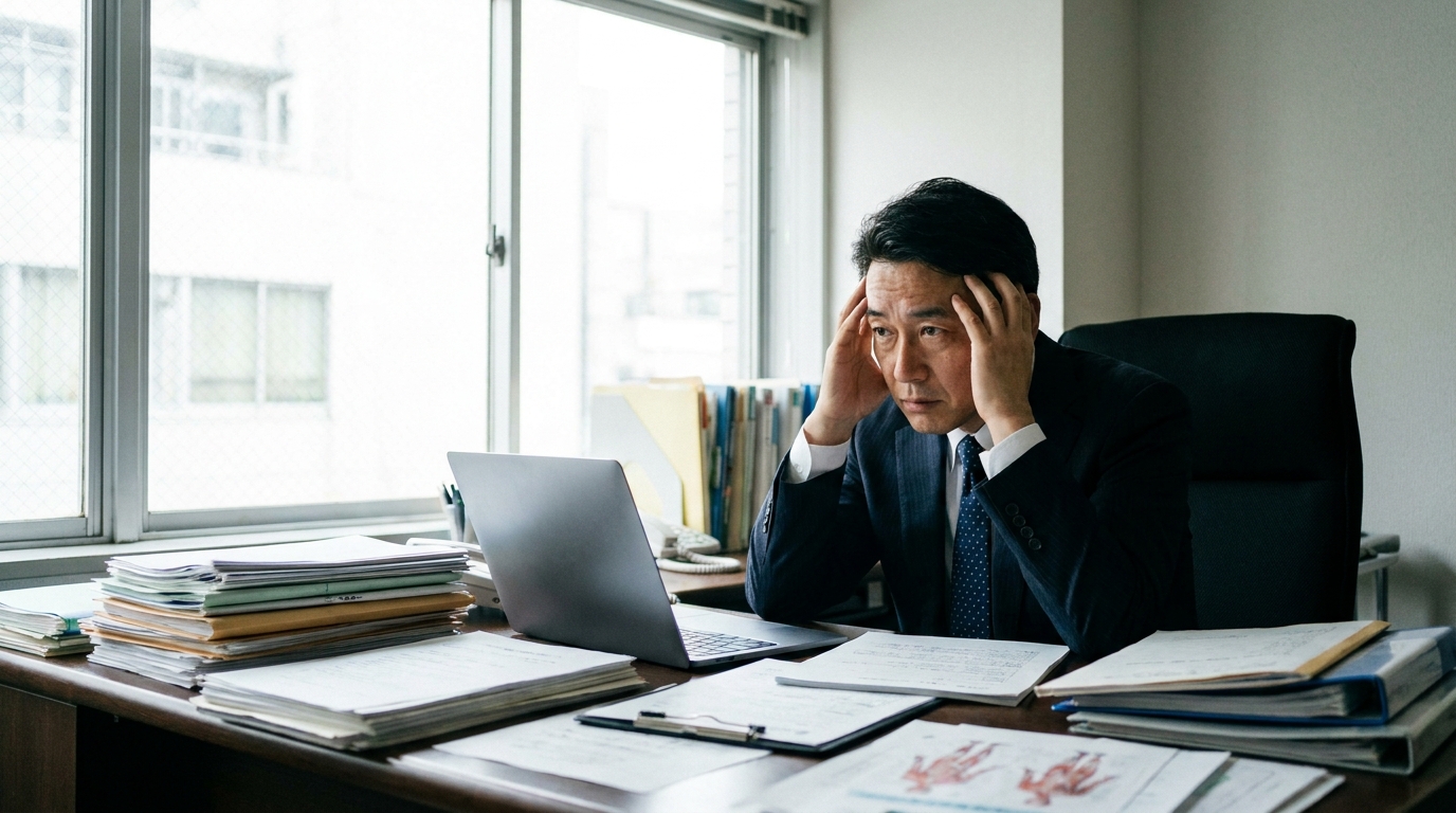 多忙な業務の合間にAIでの記事作成に取り組むも、その煩雑さに頭を抱える専門家の男性。