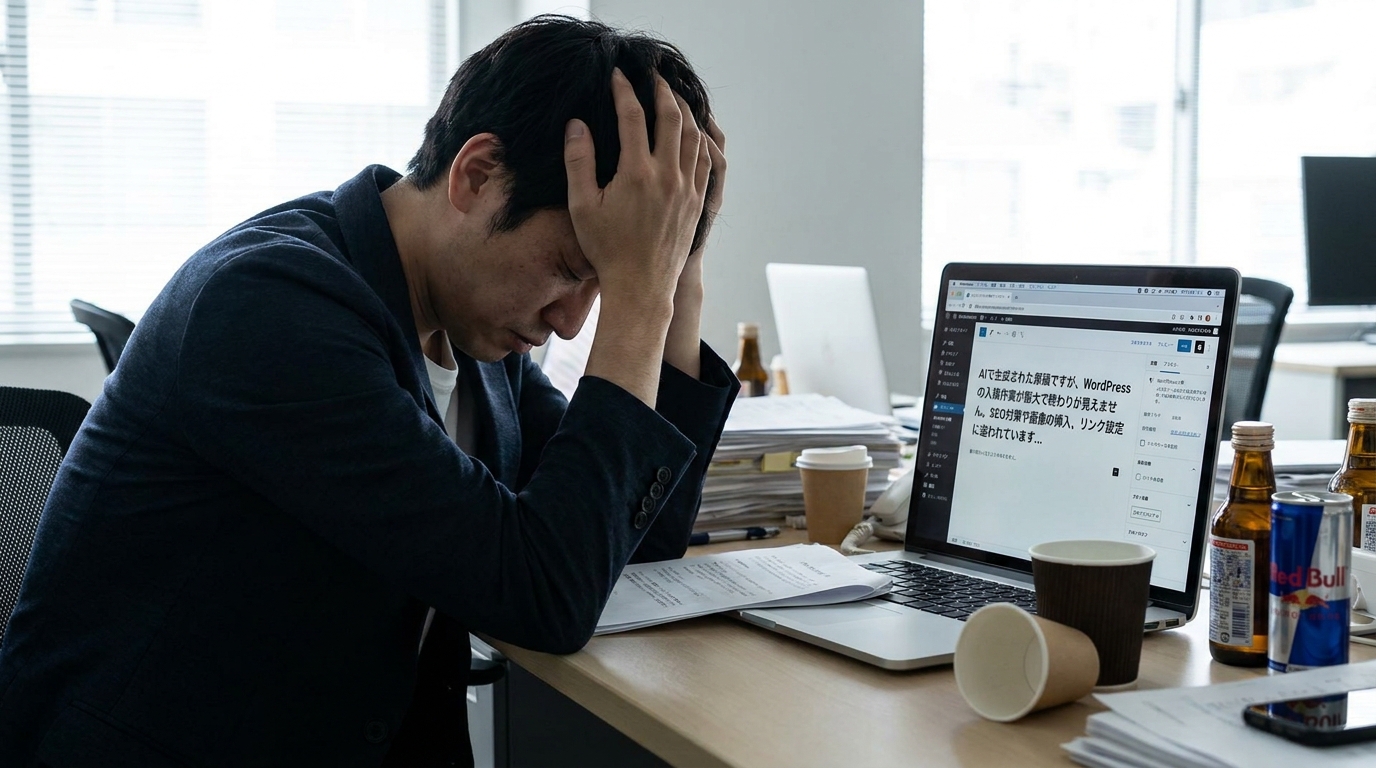 AIで生成した記事のWordPress入稿作業に追われ、頭を抱えるWeb担当者。
