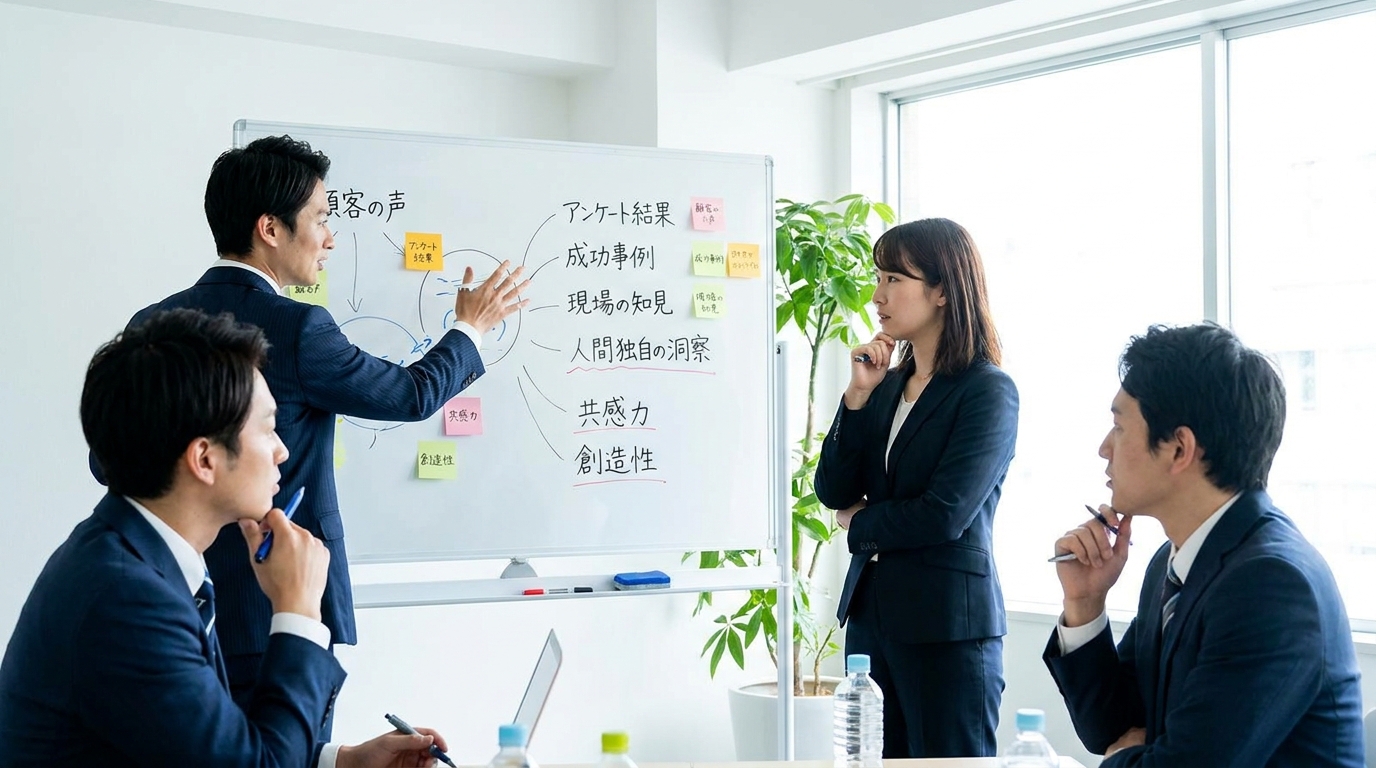 会議室でディスカッションするビジネスチーム。ホワイトボードには顧客の声やアンケート結果が書かれており、AIにはない独自の経験をコンテンツ化する重要性を象徴している。