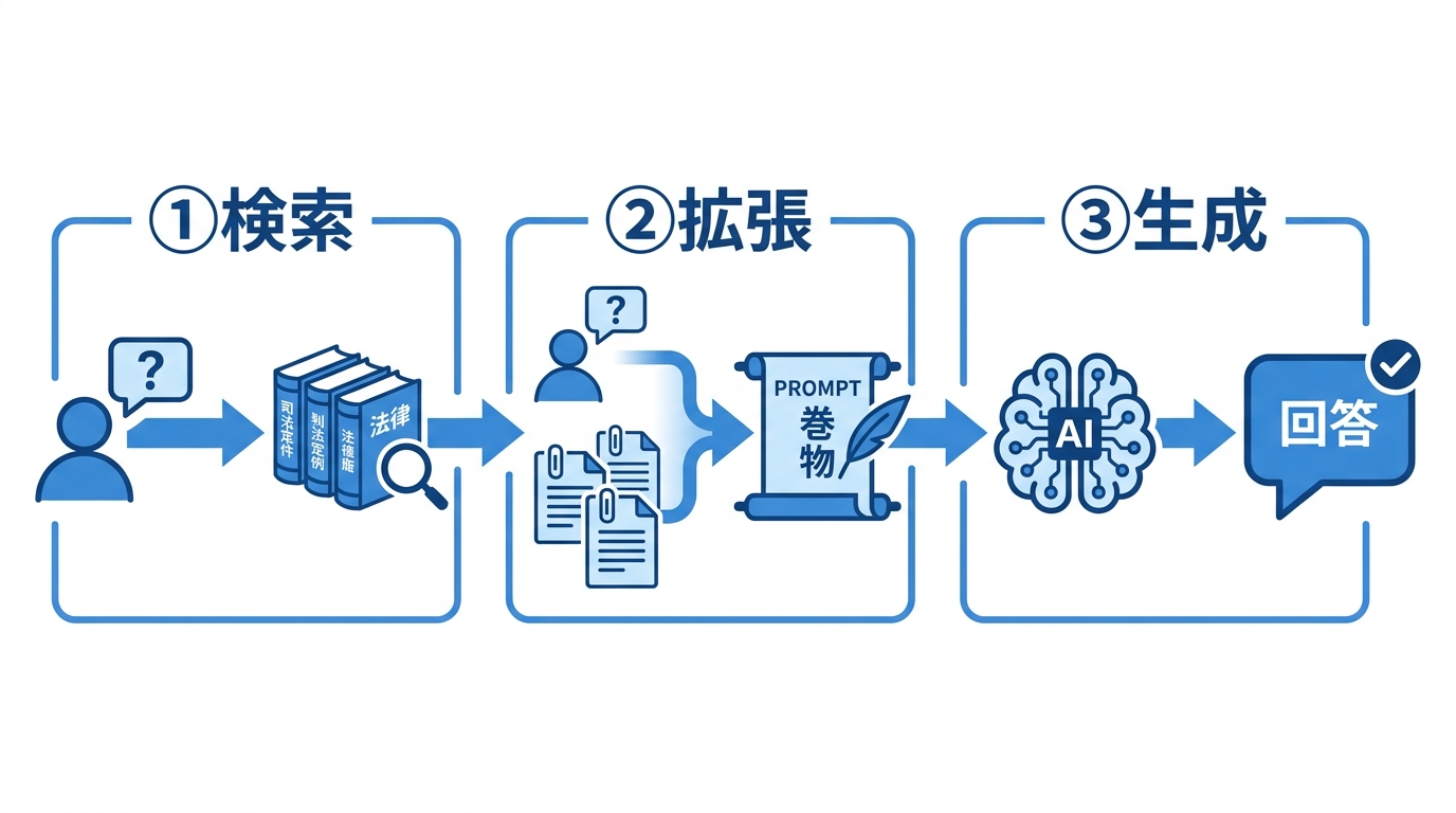 RAG(検索拡張生成)の仕組みを図解したフローチャート。ユーザーの質問からデータソースを検索し、得られた情報でプロンプトを拡張、その情報に基づいてAIが回答を生成する3つのステップを示している。