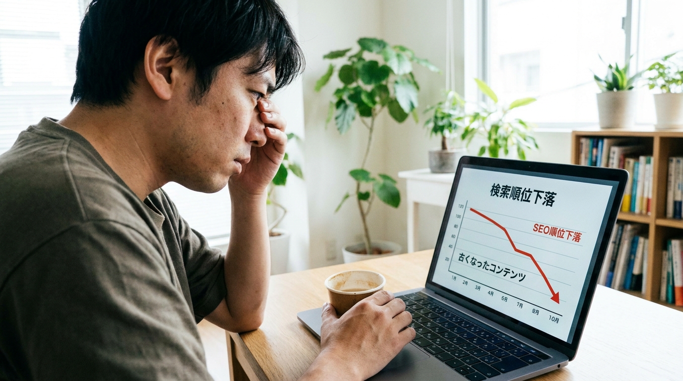 AI記事の検索順位が上がらず悩むサイト運営者。パソコン画面の下降グラフを見つめ、情報の鮮度の重要性を考えている。