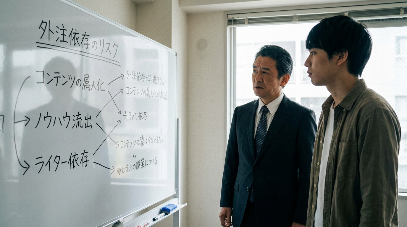 ホワイトボードに書かれた「ノウハウ流出」などの文字を見ながら、外注依存のリスクについて議論する経営者と担当者。