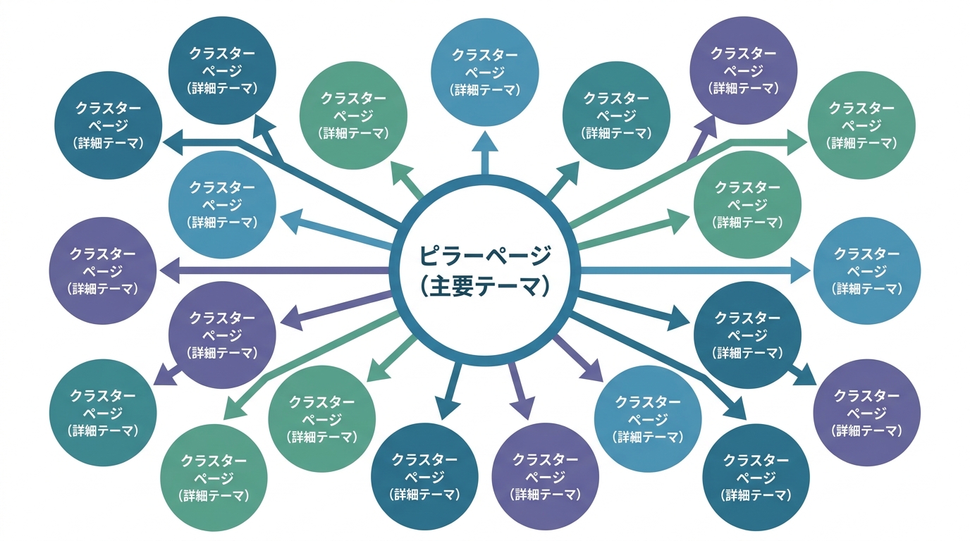 SEO戦略におけるトピッククラスターモデルの構造図。中心のピラーページと、それを取り巻く複数のクラスターページが内部リンクで結びついている様子。