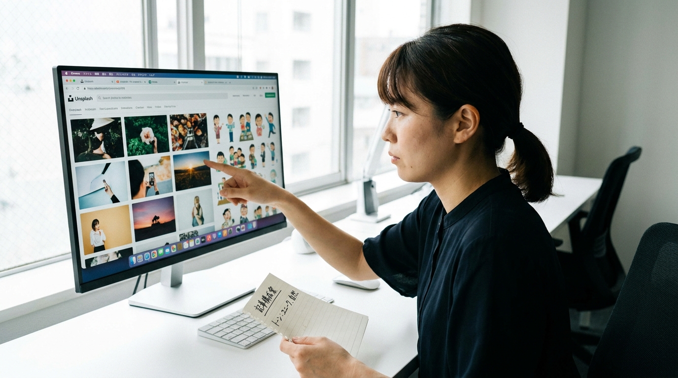 ノートパソコンで記事に使う画像を選んでいる女性。複数の画像素材を比較し、コンテンツの独自性を高めるために慎重に選んでいる様子。