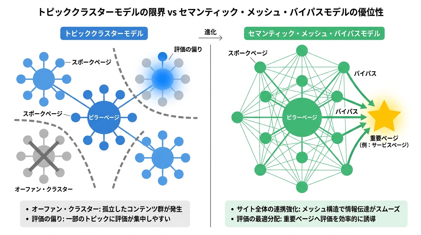 トピッククラスターモデルとセマンティック・メッシュ・バイパスモデルのサイト構造の違いを比較した図解。
