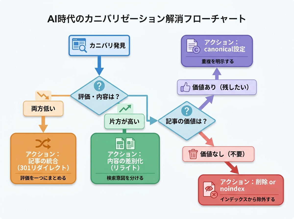 キーワードカニバリゼーションを発見した際の状況別4つの解消法(統合、差別化、canonical、削除)を示したフローチャート図解。