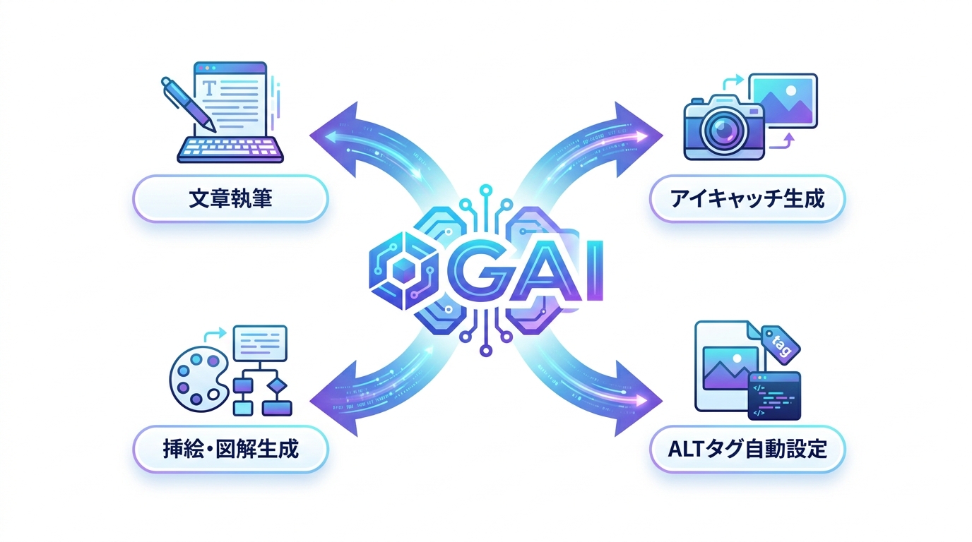 AIツールOGAIが執筆から画像生成、ALTタグ設定までを全自動で行うプロセスを示した図解。コンテンツ制作の手間を大幅に削減できることを示している。