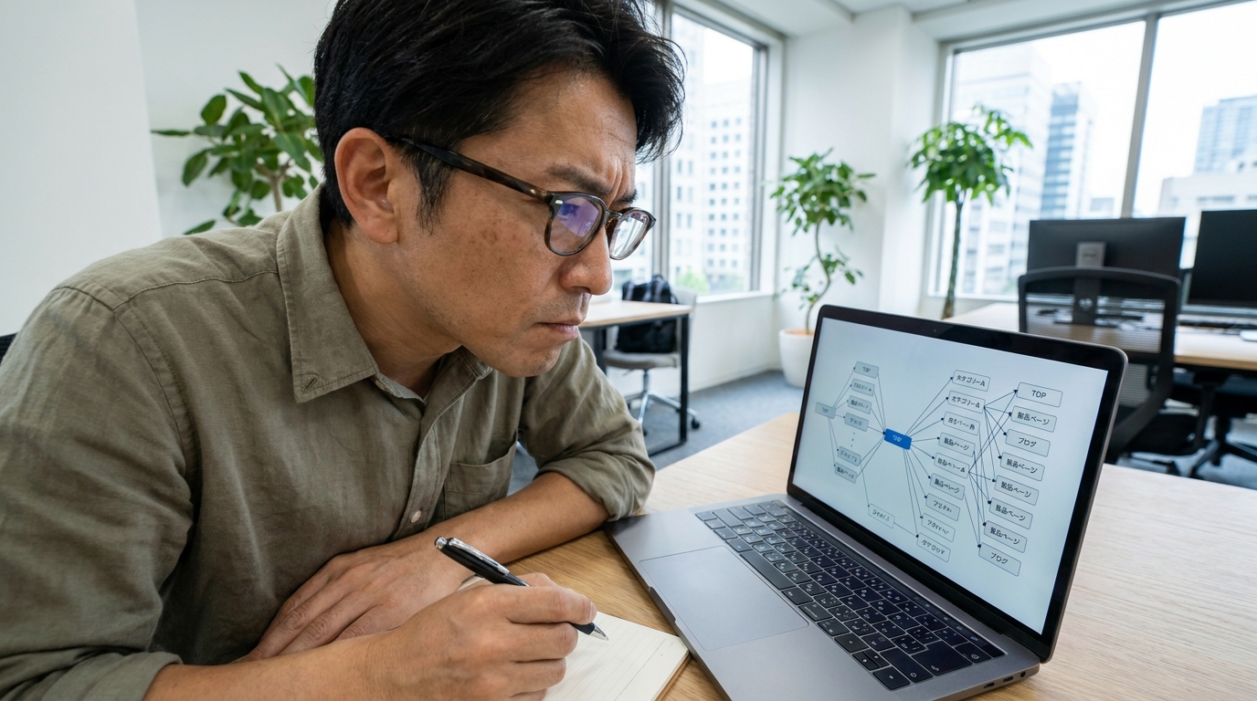 自社サイトの内部リンク構造を分析し、オーファンページなどの課題を特定しようとしているウェブ担当者。