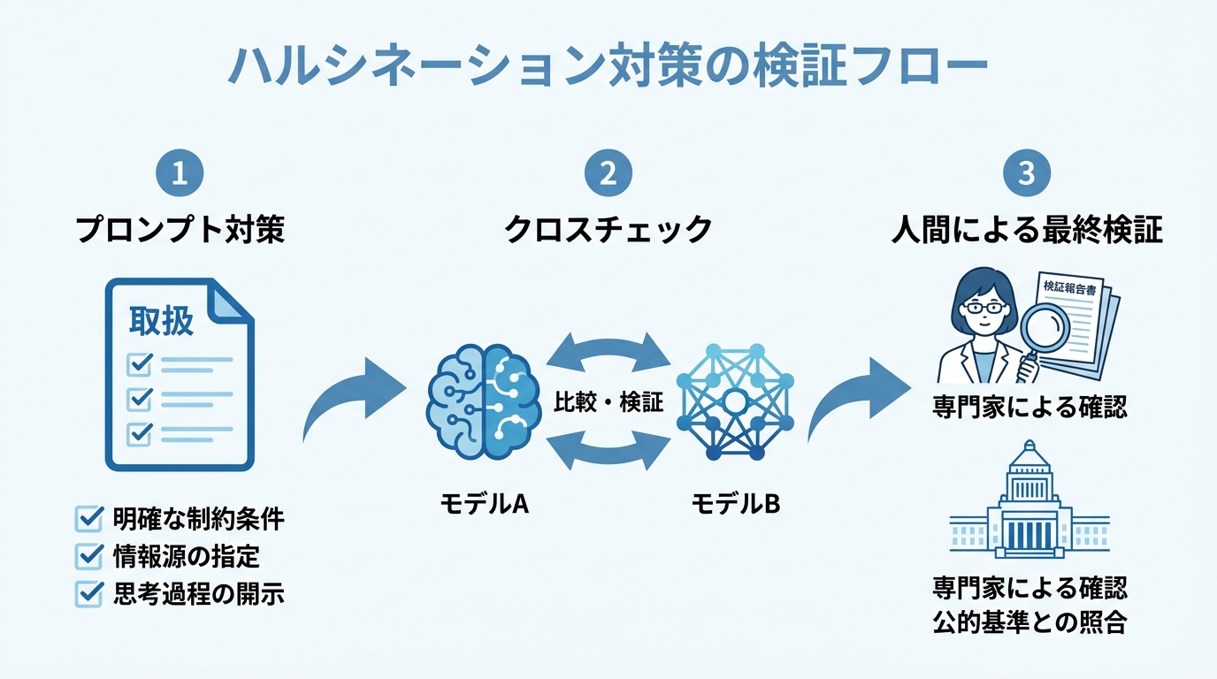 AIのハルシネーションを防ぐための具体的な3ステップ検証フロー(プロンプト対策、クロスチェック、人間による最終検証)を示した図解。